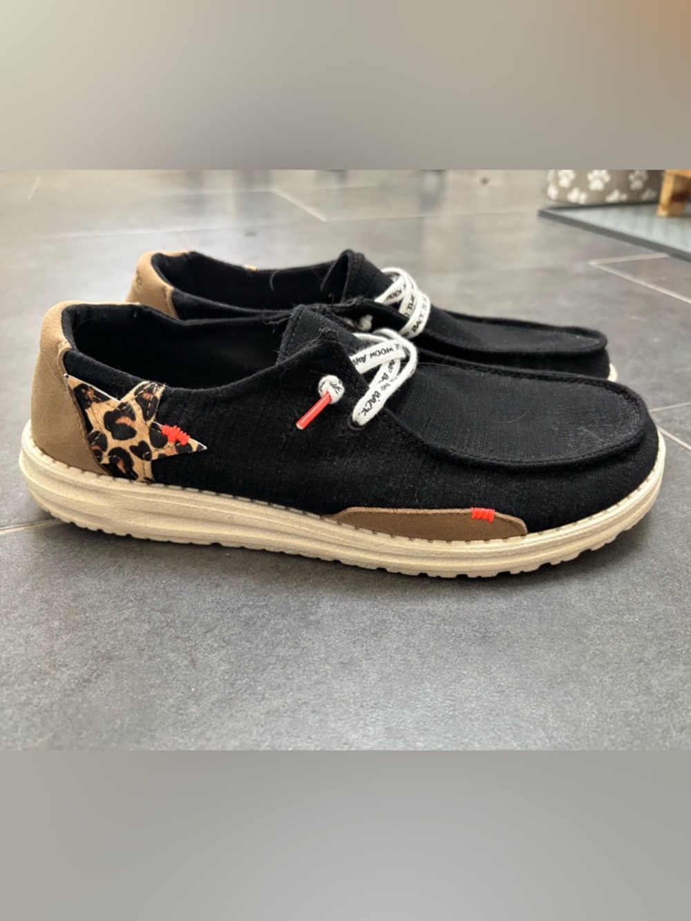 Hey Dude Black Canvas Shoes with Leopard Star Accent